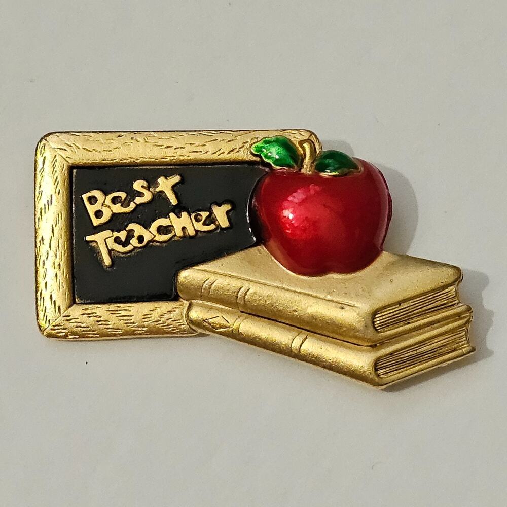 AJC Best Teacher Brooch Pin Books Enamel Apple Goldtone 2 1/2" NOS Vintage